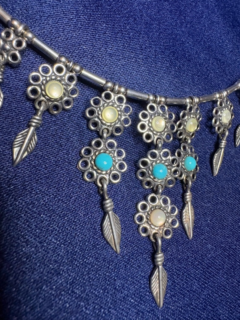 Necklace Artisan 925 Sterling Silver Floral Feather Turquoise Gemstone Choker - Picture 8 of 10